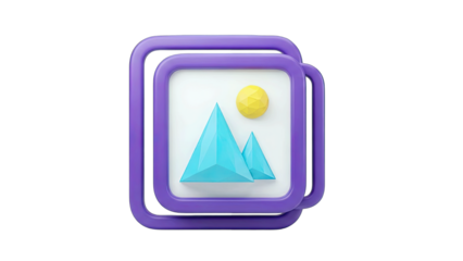Stylized 3D icon graphic representing digital image with geometric mountain landscape and sun on transparent background rendered in purple and blue color palette