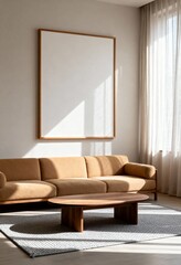 Japandi Minimalist Cozy Living Room with Blank Canvas Frame