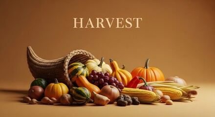 Abundant harvest cornucopia filled with autumn fruits vegetables and gourds