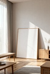 Japandi Minimalist Cozy Living Room with Blank Canvas Frame