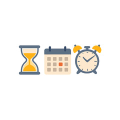 Time Management Icons: Hourglass, Calendar, and Alarm Clock for Scheduling and Deadlines