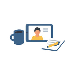 Online Video Conference Setup With Laptop, Mug, Notebook And Pencil