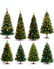 Fototapeta premium Collection of Eight Beautifully Decorated Christmas Trees on White Background.