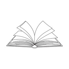 Open book with fanned pages black outline on white background reading