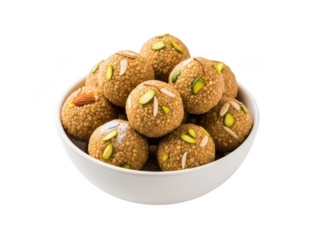 Delicious indian boondi laddu in a white bowl, isolated on transparent background