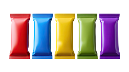 Five colorful shiny candy bar wrappers, isolated, row