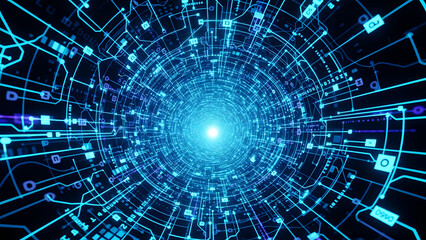 Abstract Blue Digital Tunnel with Circuit Board Patterns and Binary Code vortex cyberspace
