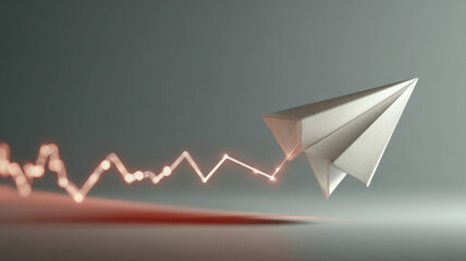 A paper airplane flies with a line graph behind