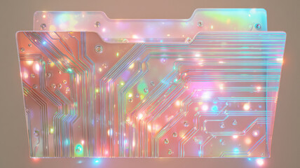A digital file folder shimmering with vibrant colors and technological elements. The folder features an intricate circuit board design with digital light overlays