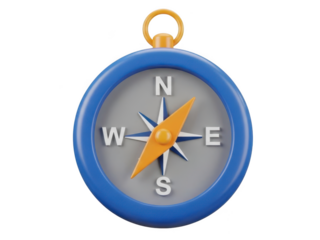 Stylized 3d compass with blue casing and orange needle isolated on transparent background