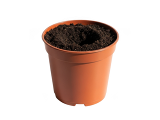 Empty brown plastic plant pot filled with rich soil isolated on transparent background