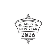 Happy New Year 2026! Crown or Turban Style Line Art Emblem with Decorative Flourishes