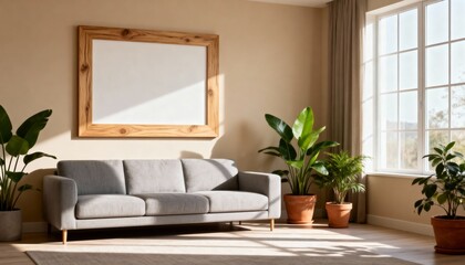 Scandinavian Cozy Living Room with Blank Wooden Wall Frame