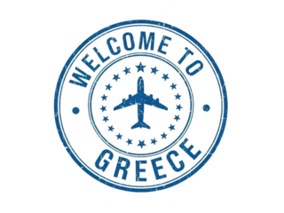 "welcome to greece" grunge airplane stamp, isolated on transparent background