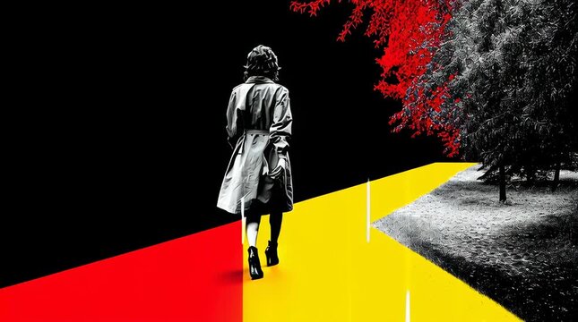 Graphic poster design in yellow, black and white style, depicting a 42-year-old woman with short dark hair walking along a sidewalk in a park where it is raining. The woman is wearing a short raincoat