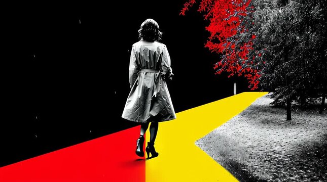Graphic poster design in yellow, black and white style, depicting a 42-year-old woman with short dark hair walking along a sidewalk in a park where it is raining. The woman is wearing a short raincoat