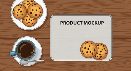Delicious chocolate chip cookies and coffee product mockup on a wooden surface for marketing