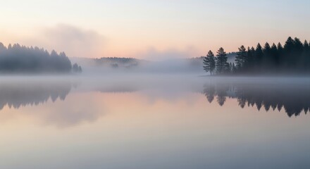 Calm lake reflecting trees and fog at dawn creating a serene scene