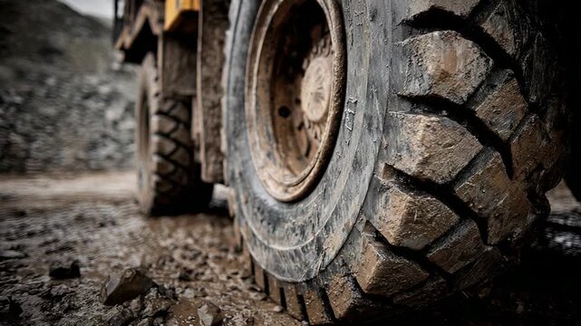 Heavy truck tire rotating in dirt and mud