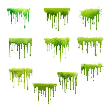 Green ink dripping set liquid paint flow isolated on white background