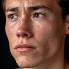 Obraz premium Serious young man with freckles looking thoughtfully into the distance outdoors