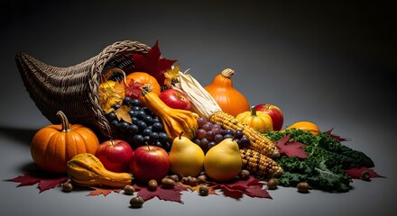 Abundant cornucopia overflowing with fall harvest fruits and vegetables