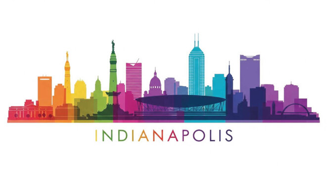 Colorful indianapolis skyline silhouette with rainbow gradient