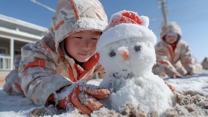 Innocent Child Builds Snowman in Winter to Celebrate Christmas
