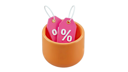 Two Bright Pink 0 Percent Discount Tags Inside An Orange Bowl On A Transparent Background Representing Sales And Savings