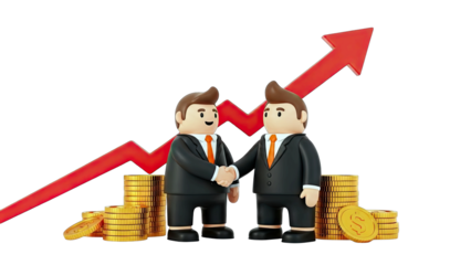 Two Cartoon Businessmen Shaking Hands Amidst Stacks Of Gold Coins And A Red Upward Trend Arrow On A Transparent Background Symbolizing Financial Success And Partnership