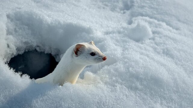 Young ferret emerging from snowy hole in winter landscape with soft natural lighting and closeup camera work