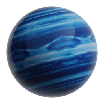 Blue planet with swirling white clouds and dark blue stripes isolated on a transparent background