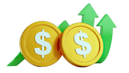 Obraz premium Two Golden Dollar Coins With Upward Trending Green Arrows Symbolizing Financial Growth and Investment Success Against a Transparent Background