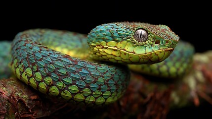Fototapeta premium Green python reptile on a wild tree branch, a dangerous serpent with beautiful scales and a bright eye in nature