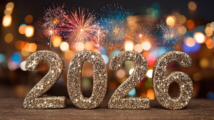A festive image with illuminated year twenty and twenty-six and fireworks at the back.