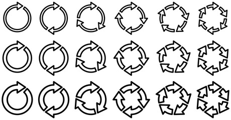 様々な形の回転矢印のベクターイラスト、アイコンのセット