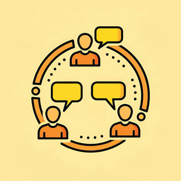 Three stylized figures in a circular network exchanging yellow speech bubbles on warm beige backdrop