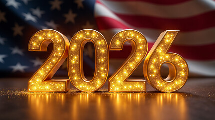 A patriotic concept incorporating luxury golden ‘2026’ numerals, sparkling particles, soft bokeh lights, and a subtle USA flag pattern in the backdrop