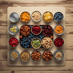 Flat lay of various food products for donation with text space on wooden background