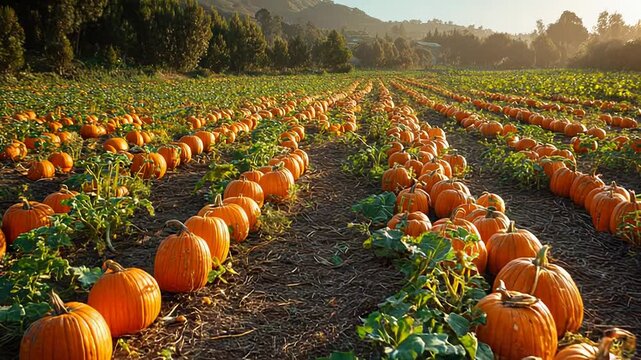 Pumpkin field stretching into autumn landscape
