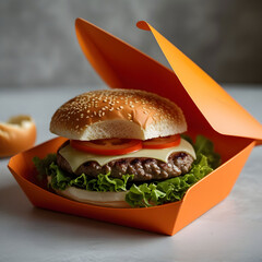 Burger in a custom orange food packaging box