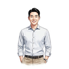 Fototapeta premium Smiling asian man in casual shirt and pants isolated on transparent background