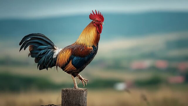 Rooster strutting on weathered post in rural landscape