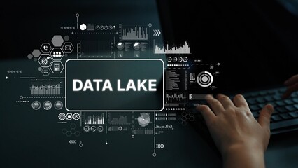 Conceptual data lake with analytical graphics and a person typing on a keyboard, representing big data management and analysis. Asymptotic smart data analytic.