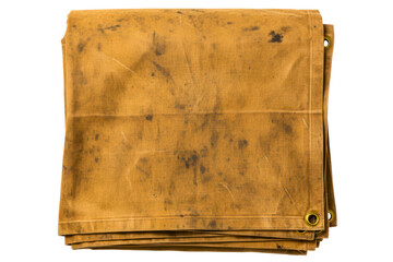 Folded dirty tan canvas tarp cover with metal grommets isolated on a transparent background