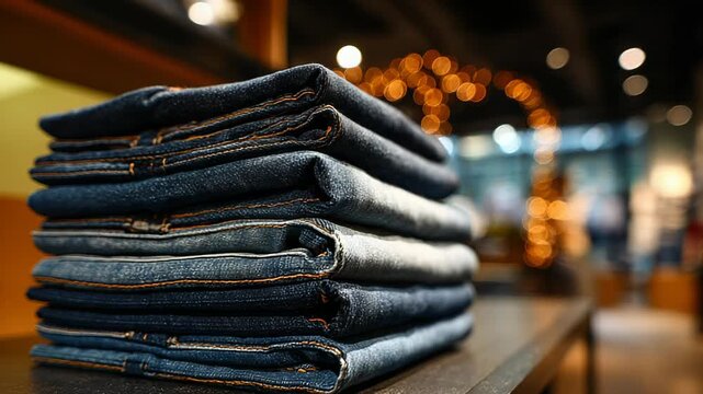 Stacked denim jeans in retail store display