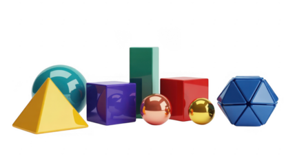 Collection of colorful geometric shapes including spheres cubes and pyramids isolated on a transparent background