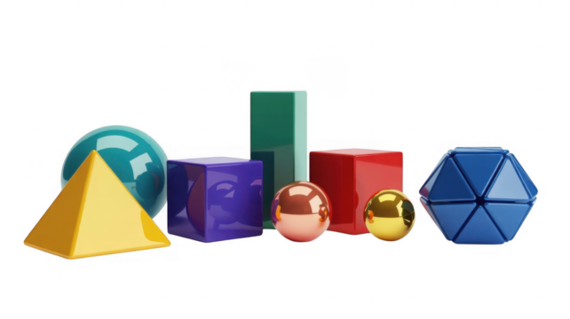 Collection of colorful geometric shapes including spheres cubes and pyramids isolated on a transparent background - Powered by Adobe
