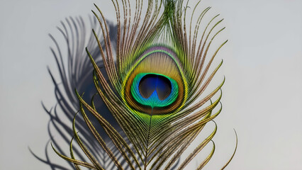 Fototapeta premium peacock feather close up, Vibrant Peacock Feather Close-Up With Iridescent Eye Pattern And Delicate Barbs, Nature Photography Artwork