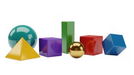 Collection of colorful geometric shapes including spheres cubes pyramid and prism isolated on a transparent background